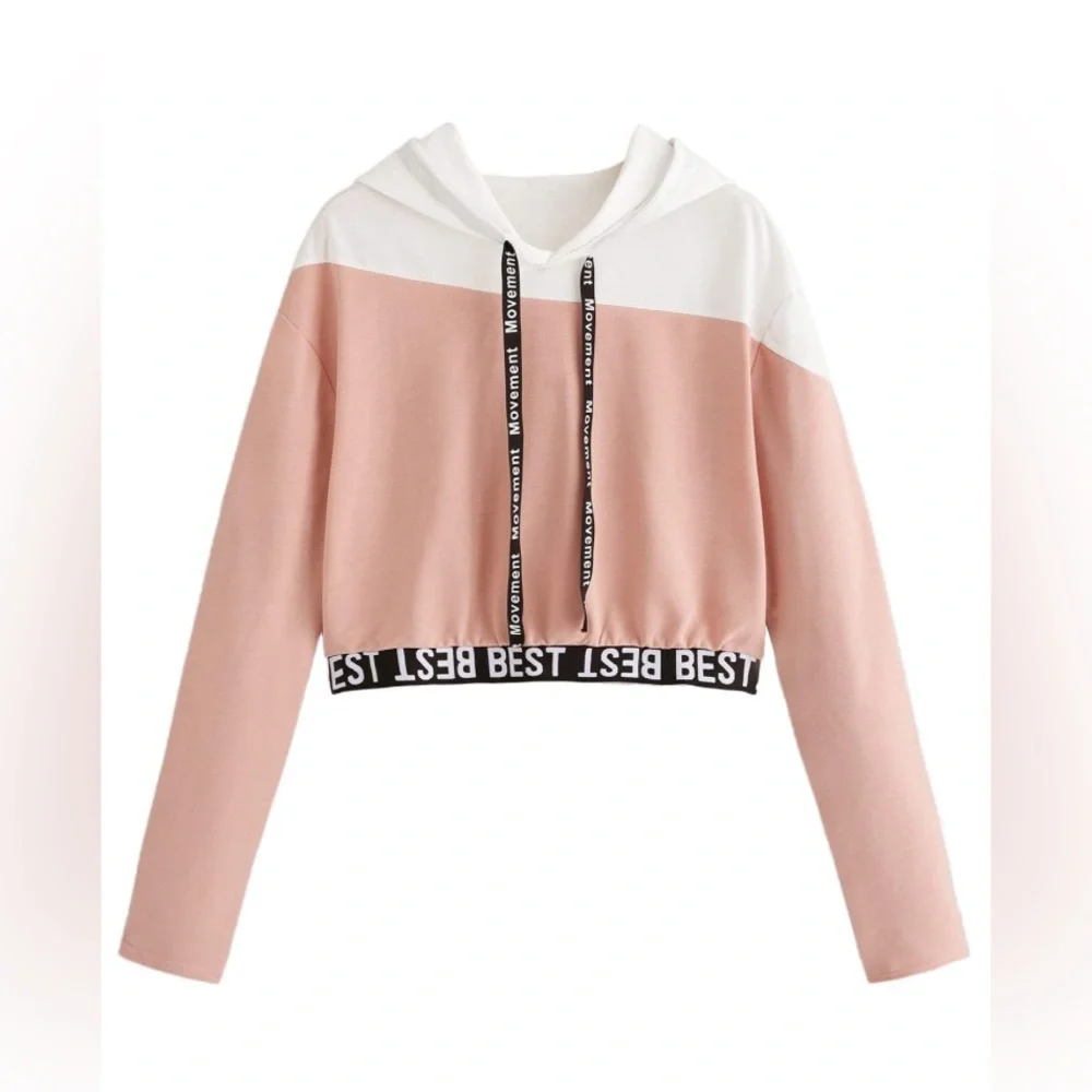 SweatyRocks: Cropped Pink and White Athletic Pullover Hoodie Sweatshirt